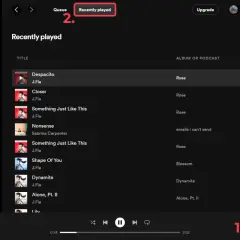 Spotify historia odtwarzania: lista utworów z albumu "Rose" J.Fl. i innych, np. "Despacito", "Closer", "Shape Of You".