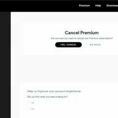 Potwierdzenie rezygnacji z Spotify Premium. Kliknij "YES, CANCEL", aby zakończyć subskrypcję.