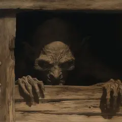 Potwór o przerażającej twarzy i szponiastych dłoniach wychyla się z ciemności, jakby z okładki albumu **black metal**.