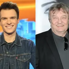 Dwóch mężczyzn, jeden młody w dżinsowej kurtce, drugi starszy w marynarce. Czy to porównanie pokoleń, czy może Kris Cugowski w młodszej wersji?