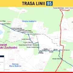 Mapa linii 95: Truskaw Skibińskiego – Izabelin – Klaudyn – Warszawa Stare Bemowo. Trasa przebiega przez tereny wiejskie, z zaznaczonymi przystankami, gminami i powiatem.