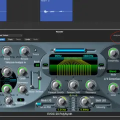Panel kontrolny syntezatora EVOC 20 PolySynth, z ustawionym wejściem analizy "Vocal" (Audio 1), idealny do tworzenia dźwięków w stylu **synthwave**.