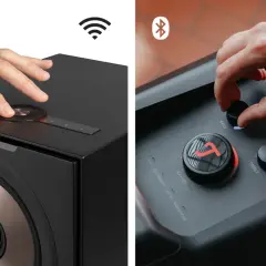 Dwie ręce sterują głośnikami. Jedna dotyka panelu z ikoną Wi-Fi, druga pokrętłami basu i sopranów. To pokazuje, jak łatwo jest używać funkcji airplay.