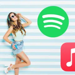 Dziewczyna w słuchawkach cieszy się muzyką, obok loga Spotify i Apple Music.