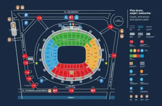 Plan PGE Narodowy: roztanczony tłum znajdzie tu bramy, wejścia i sektory. Kolorowe oznaczenia ułatwiają orientację.