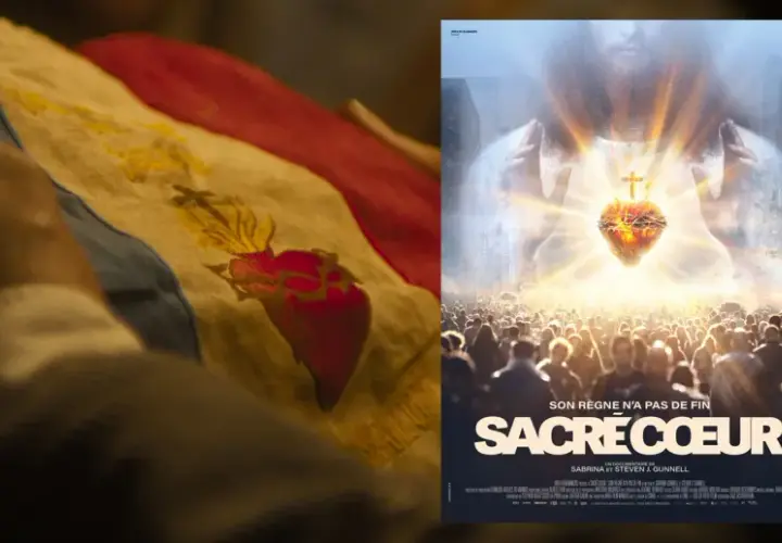 Dłoń trzyma flagę z Sercem Jezusa. Obok plakat filmu "Sacré Cœur", przypominający o dniach których nie znamy.