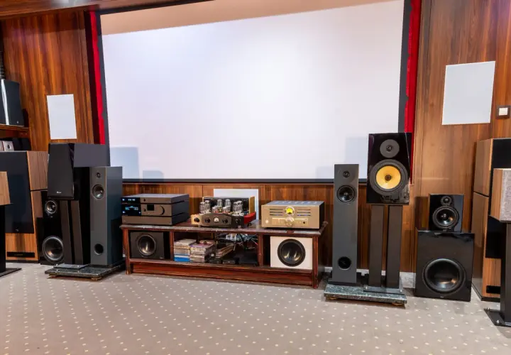 Pokój kinowy z wieloma głośnikami i sprzętem audio, idealny dla każdego audiofila.