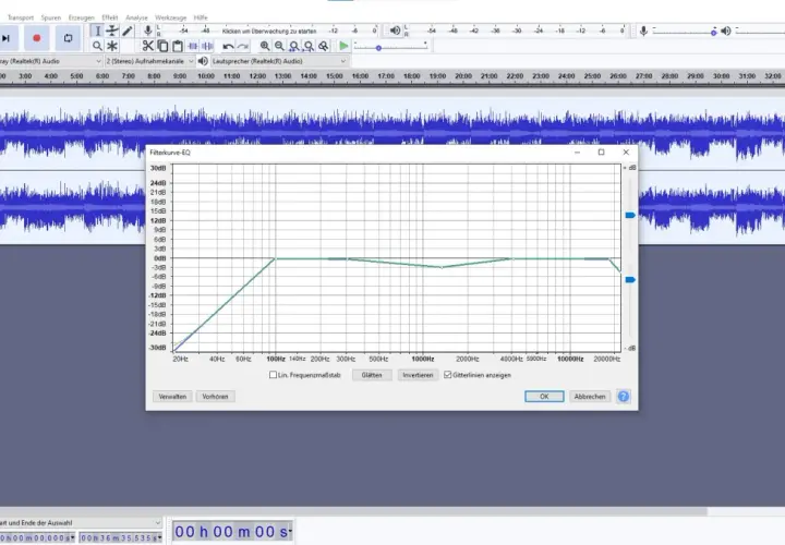 W programie do edycji dźwięku widzimy okno "Filterkurve-EQ", które pokazuje, equalizer co to jest – narzędzie do kształtowania pasma częstotliwości.