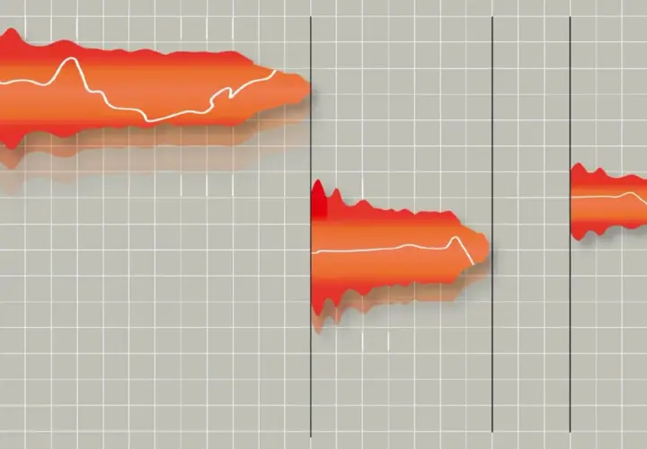 Pomarańczowe fale dźwiękowe z białymi liniami, przypominające efekt autotune, na szarym tle z siatką.
