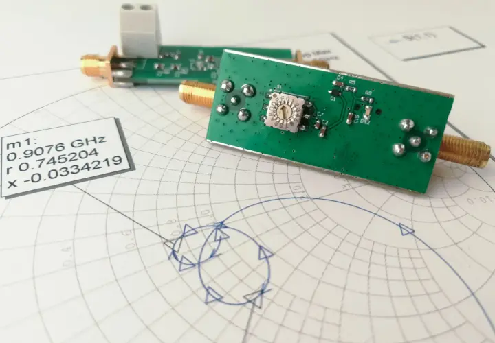 Elektroniczne moduły z pozłacanymi złączami leżą na wykresie Smitha, analizującym impedancję.