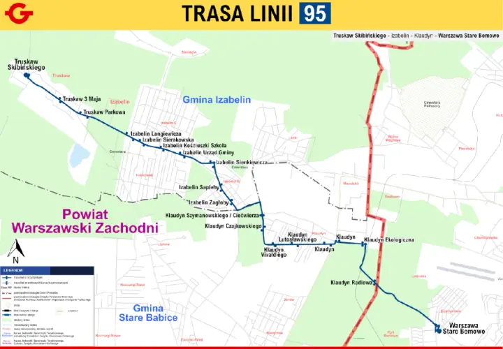 Mapa linii 95: Truskaw Skibińskiego – Izabelin – Klaudyn – Warszawa Stare Bemowo. Trasa przebiega przez tereny wiejskie, z zaznaczonymi przystankami, gminami i powiatem.