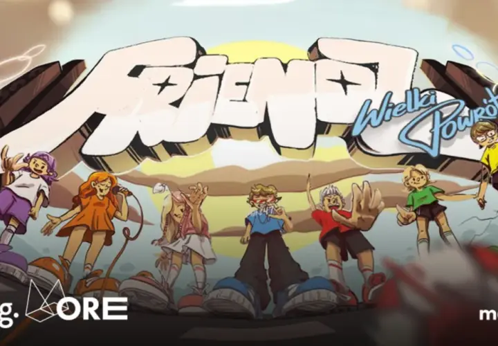 Ilustracja z napisem "Friendz Wielki Powrót" i grupą dzieci w stylu anime.
