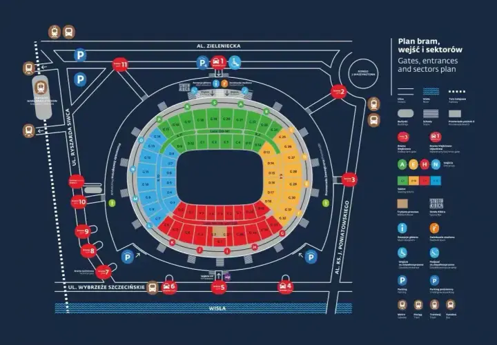 Plan PGE Narodowy: roztanczony tłum znajdzie tu bramy, wejścia i sektory. Kolorowe oznaczenia ułatwiają orientację.