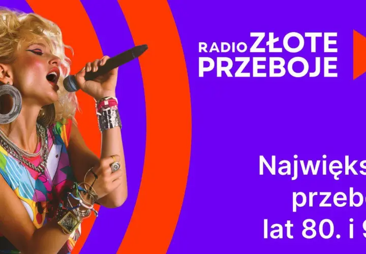 Kobieta z burzą blond włosów śpiewa do mikrofonu, ubrana w kolorowy strój i biżuterię w stylu lat 80. Logo "Radio Złote Przeboje" i napis "Największe przeboje lat 80. i 90." podkreślają klimat.