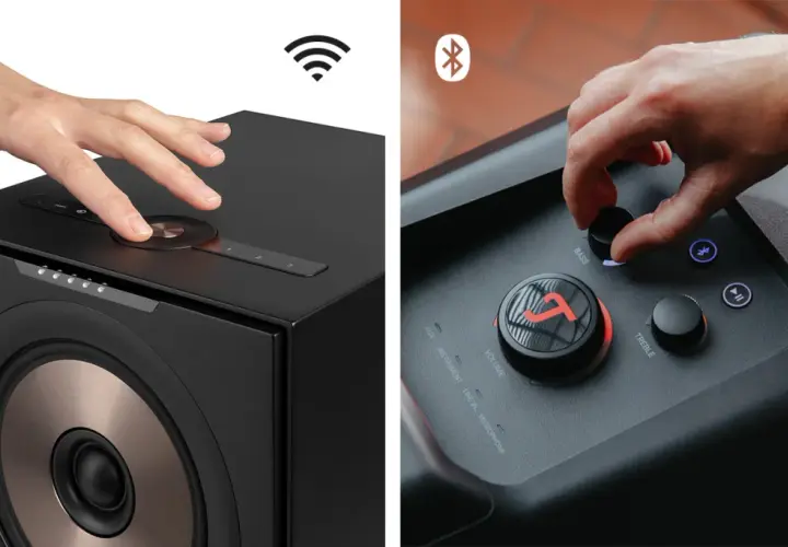 Dwie ręce sterują głośnikami. Jedna dotyka panelu z ikoną Wi-Fi, druga pokrętłami basu i sopranów. To pokazuje, jak łatwo jest używać funkcji airplay.