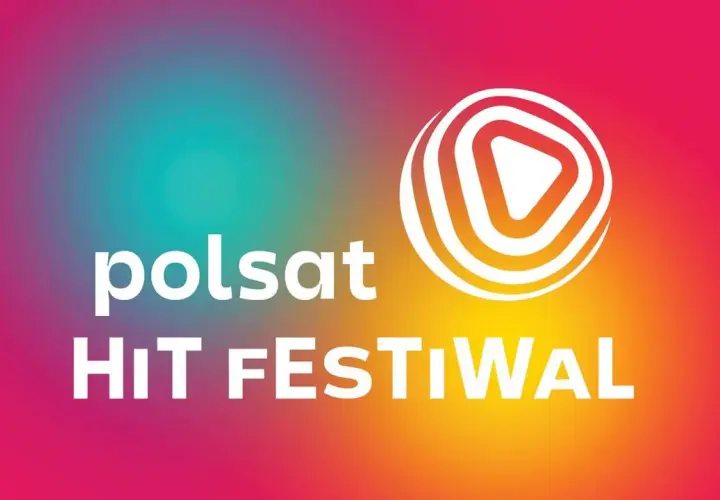 Logo Polsat Hit Festiwal na tle gradientu. Biały napis "polsat" i "HiT FESTIWAL" obok stylizowanego symbolu odtwarzania.