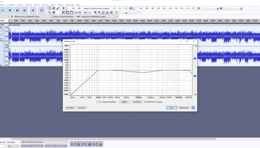 W programie do edycji dźwięku widzimy okno "Filterkurve-EQ", które pokazuje, equalizer co to jest – narzędzie do kształtowania pasma częstotliwości.