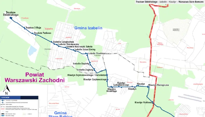 Mapa linii 95: Truskaw Skibińskiego – Izabelin – Klaudyn – Warszawa Stare Bemowo. Trasa przebiega przez tereny wiejskie, z zaznaczonymi przystankami, gminami i powiatem.