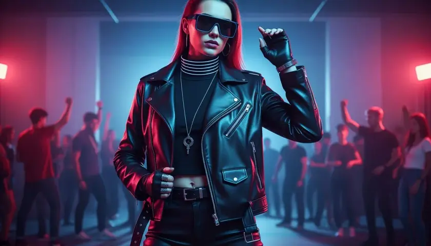 Kobieta w skórzanej kurtce i okularach, w tłumie na imprezie techno.