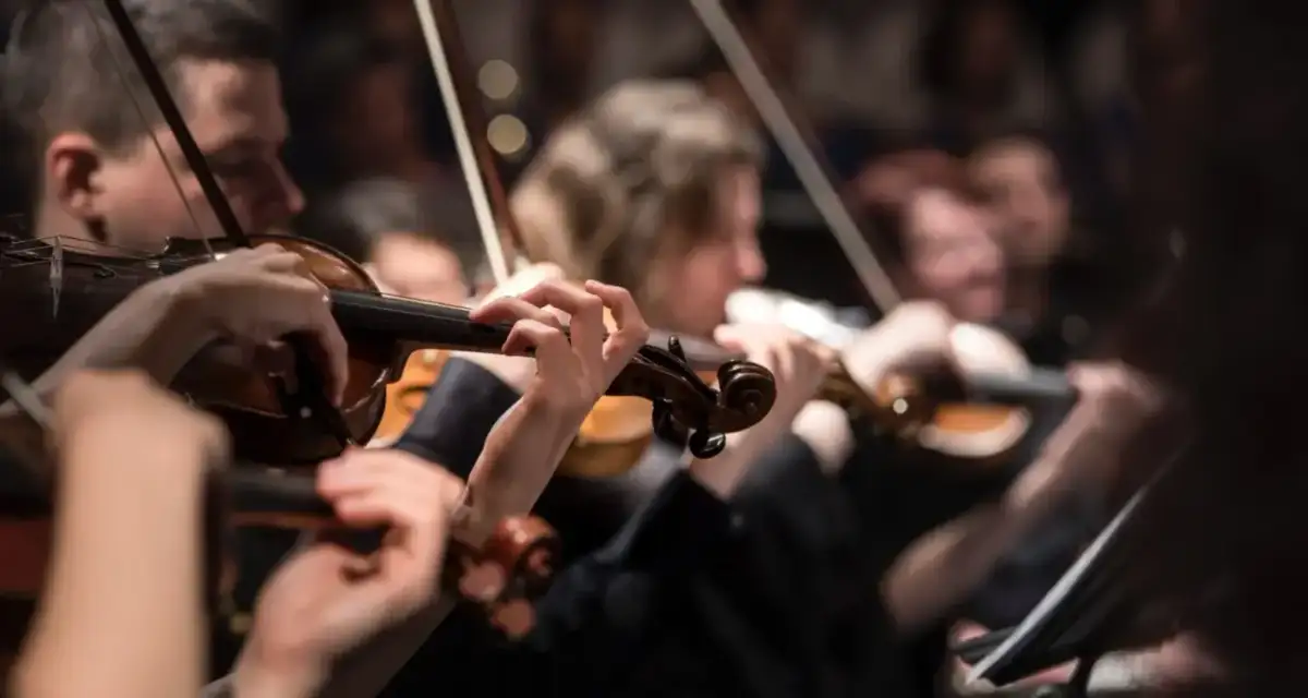 Orkiestra wykonuje utwór Schuberta. Skupione dłonie muzyków grają na skrzypcach, tworząc harmonijną melodię.