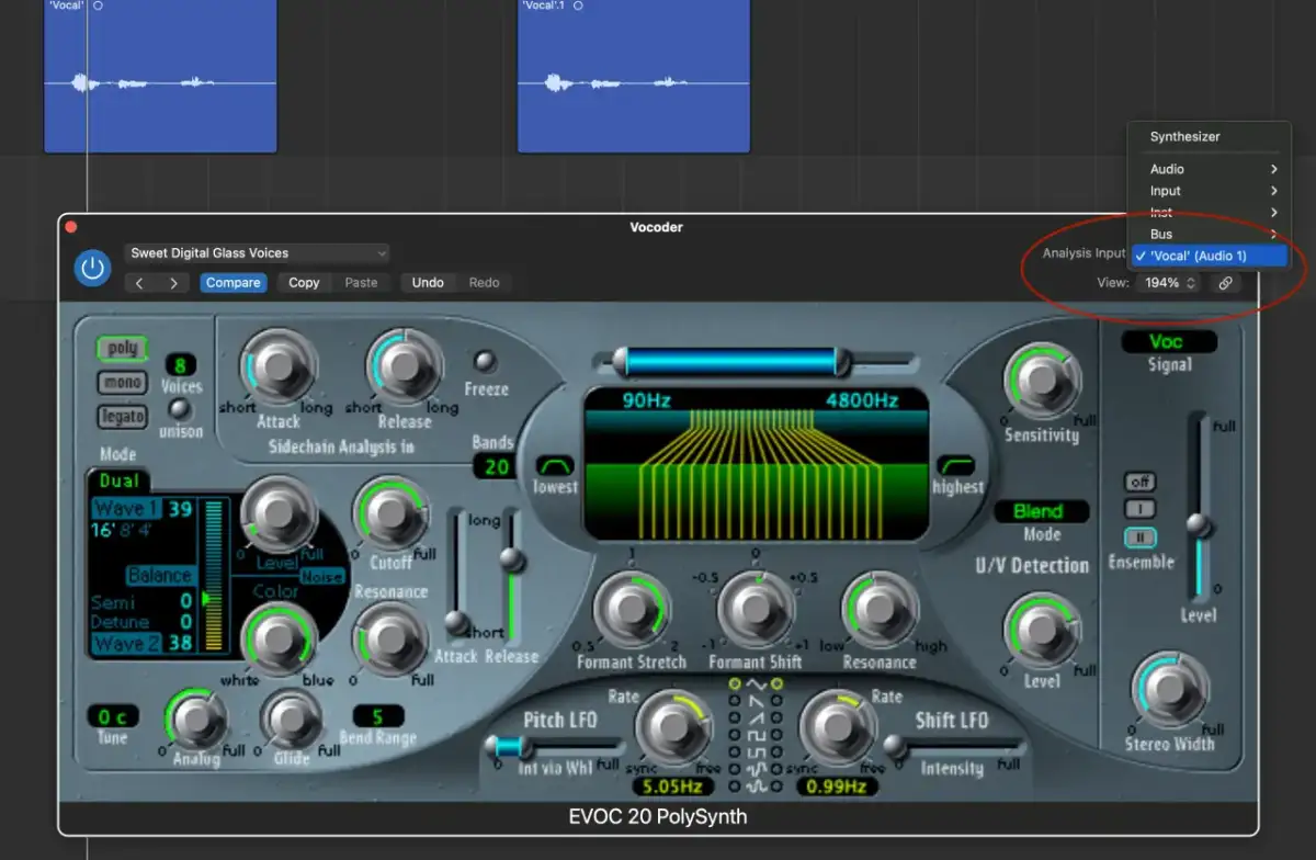 Panel kontrolny syntezatora EVOC 20 PolySynth, z ustawionym wejściem analizy "Vocal" (Audio 1), idealny do tworzenia dźwięków w stylu **synthwave**.