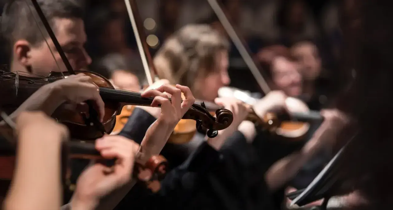 Orkiestra wykonuje utwór Schuberta. Skupione dłonie muzyków grają na skrzypcach, tworząc harmonijną melodię.