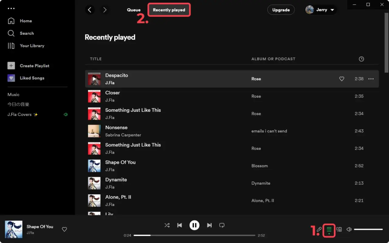 Spotify historia odtwarzania: lista utworów z albumu "Rose" J.Fl. i innych, np. "Despacito", "Closer", "Shape Of You".