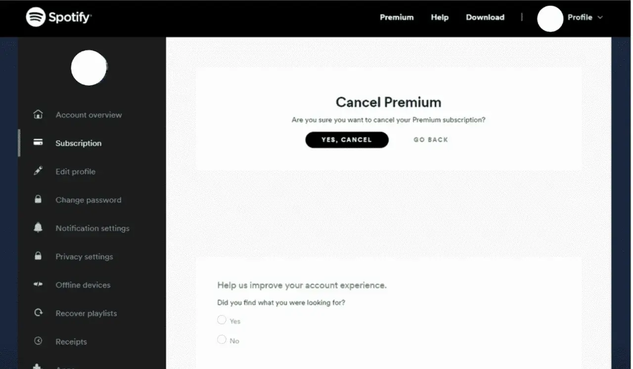 Potwierdzenie rezygnacji z Spotify Premium. Kliknij "YES, CANCEL", aby zakończyć subskrypcję.