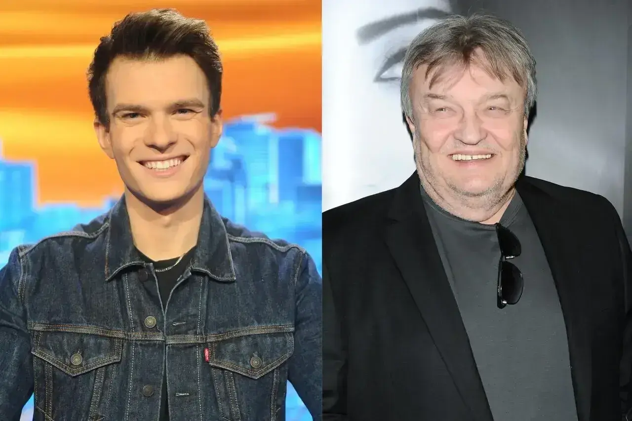 Dwóch mężczyzn, jeden młody w dżinsowej kurtce, drugi starszy w marynarce. Czy to porównanie pokoleń, czy może Kris Cugowski w młodszej wersji?