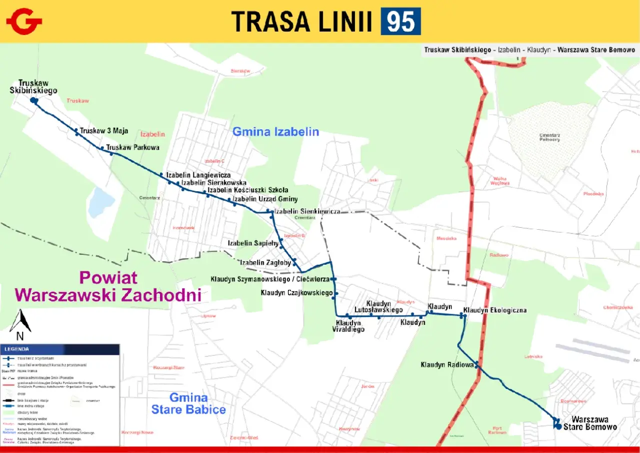 Mapa linii 95: Truskaw Skibińskiego – Izabelin – Klaudyn – Warszawa Stare Bemowo. Trasa przebiega przez tereny wiejskie, z zaznaczonymi przystankami, gminami i powiatem.