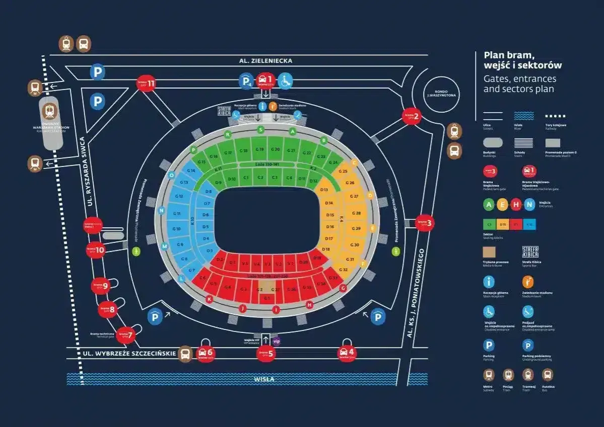 Plan PGE Narodowy: roztanczony tłum znajdzie tu bramy, wejścia i sektory. Kolorowe oznaczenia ułatwiają orientację.