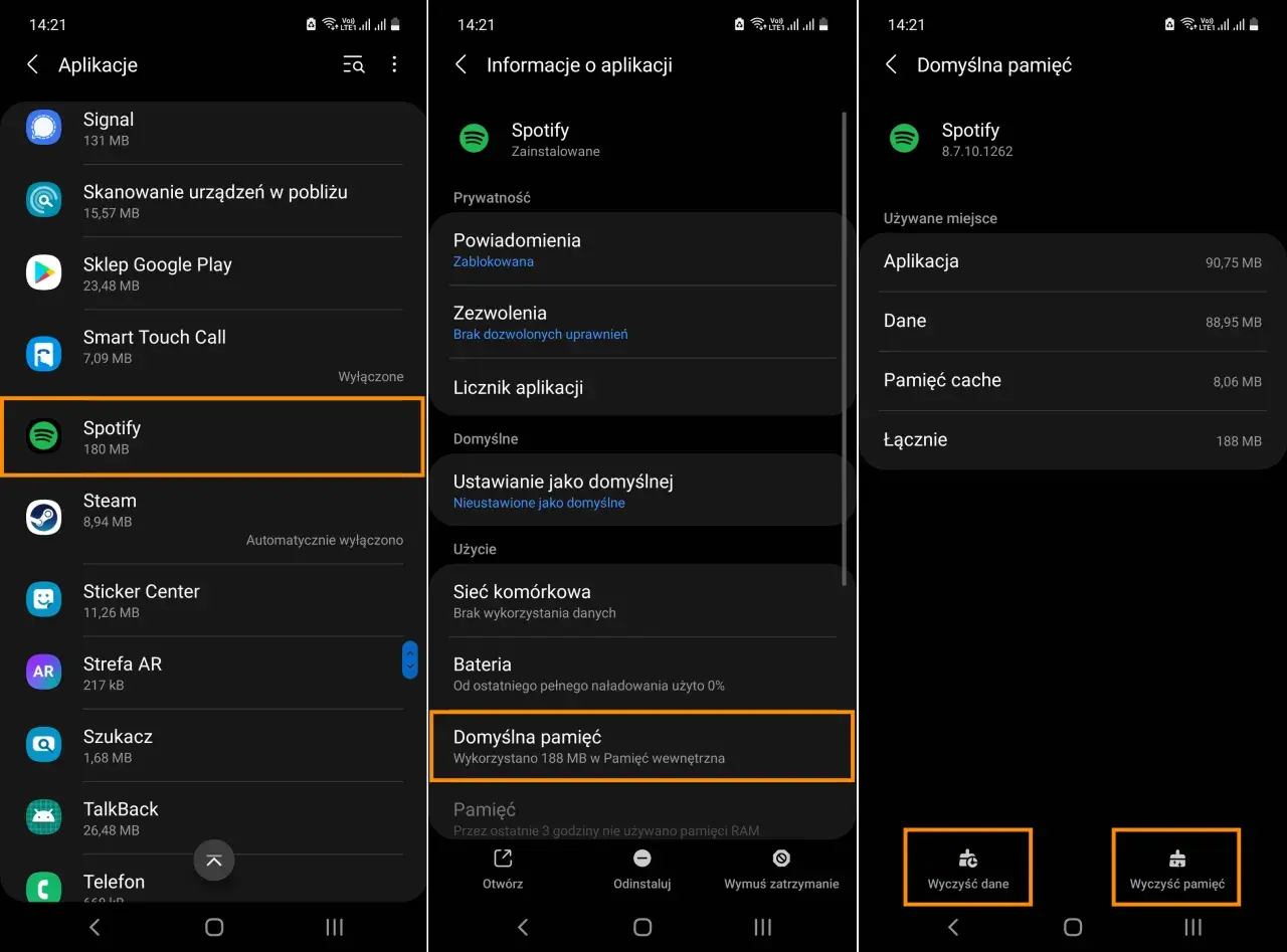 Spotify nie działa? Sprawdź ustawienia pamięci aplikacji. Wykorzystano 188 MB.