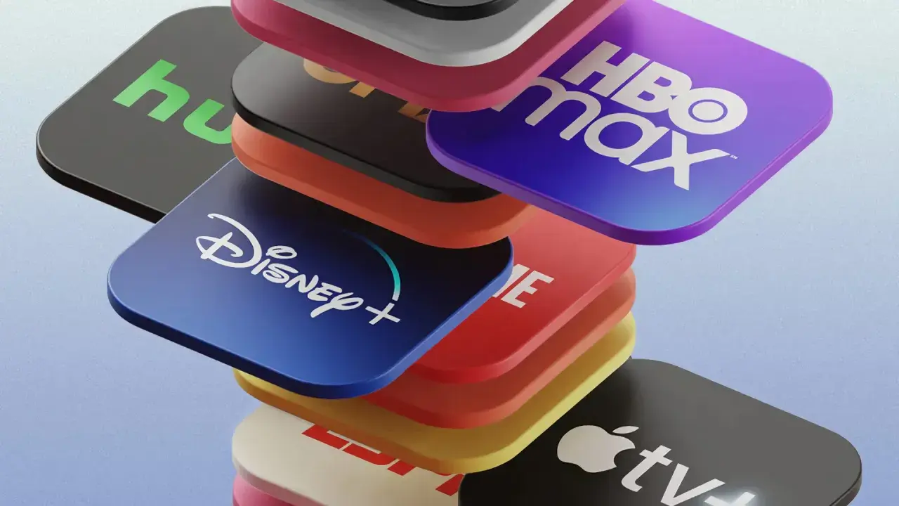 Stos ikon popularnych platform streamingowych: Disney+, HBO Max, Hulu, Apple TV+ i inne.