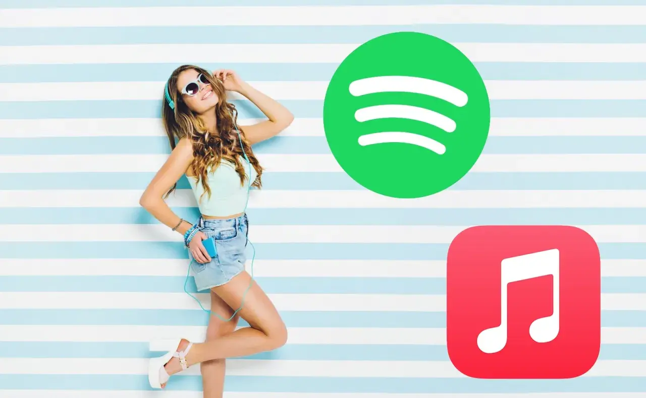 Dziewczyna w słuchawkach cieszy się muzyką, obok loga Spotify i Apple Music.