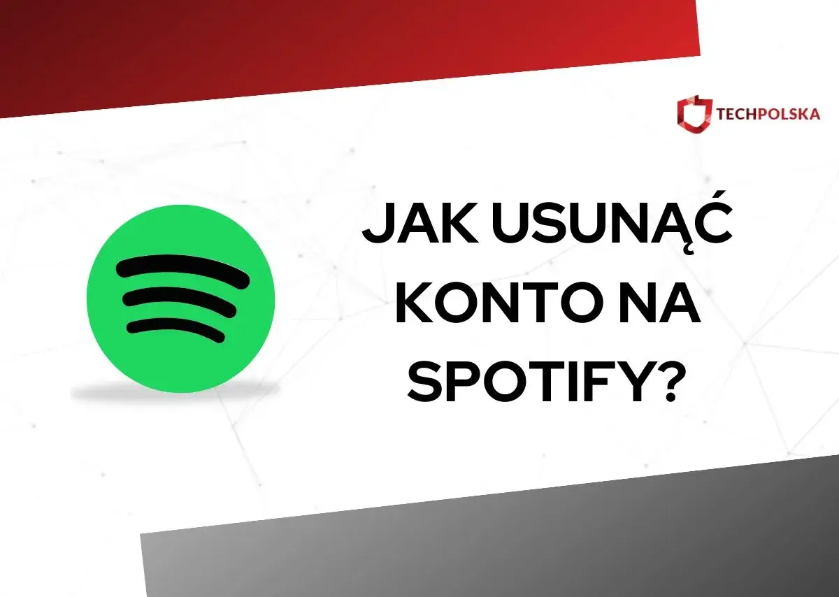 Jak usunąć konto Spotify? Ikona Spotify i tekst informacyjny na białym tle.