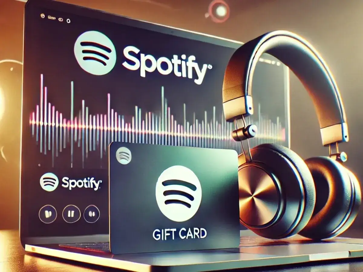 Słuchawki i karta podarunkowa Spotify na laptopie. Zastanawiasz się, spotify gdzie wpisać kod?