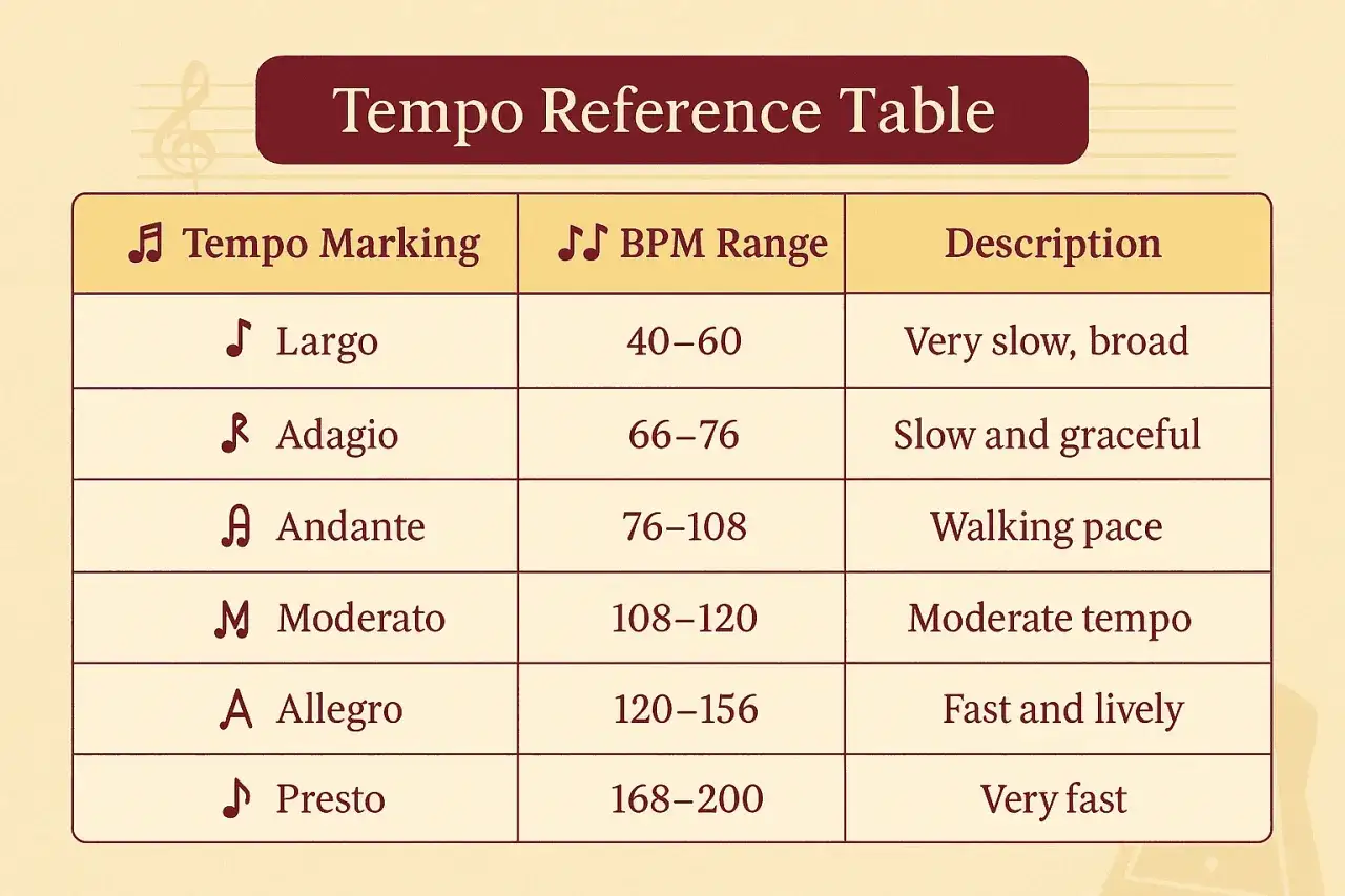 Tabela tempa muzycznego. Moderato to umiarkowane tempo, ok. 108-120 bpm.