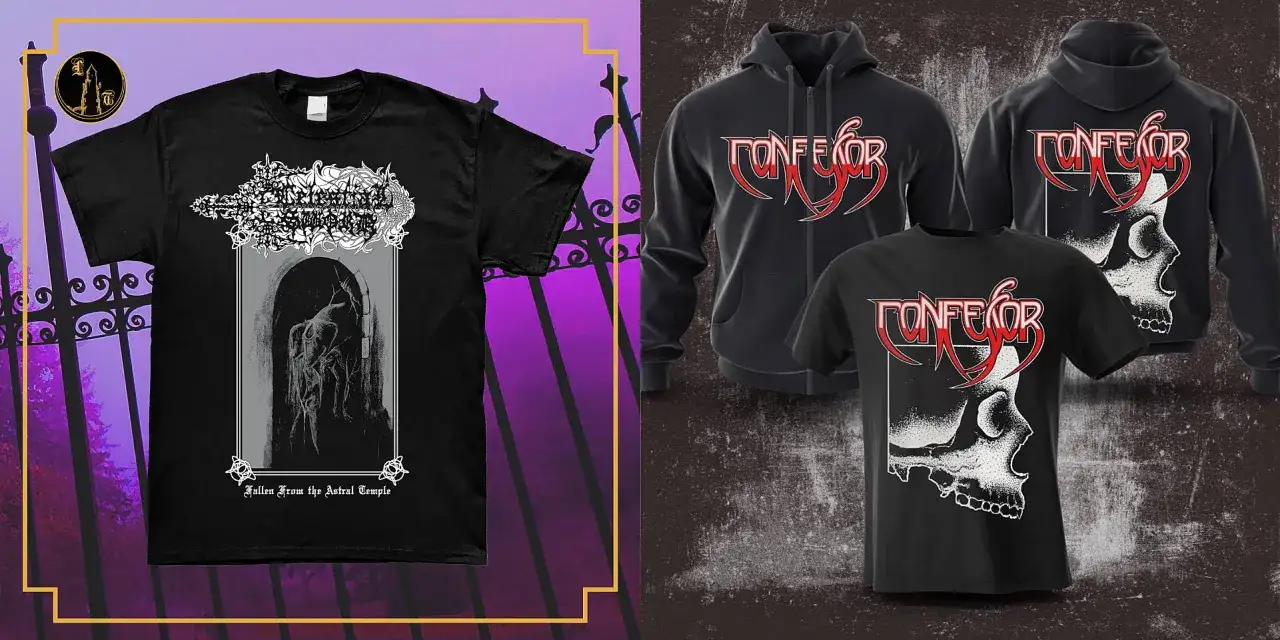 Czarna koszulka z mrocznym motywem i logo zespołu, obok bluza i koszulka z czaszką. To nie jest bootleg, to oficjalny merch!