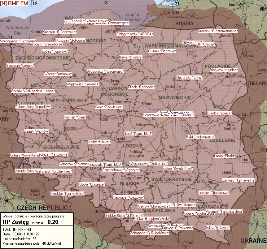 Mapa częstotliwości RMF FM w Polsce