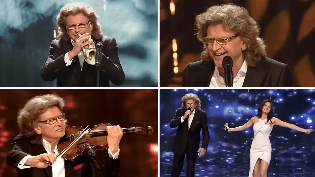 Zbigniew Wodecki gra na trąbce, skrzypcach i śpiewa. Widać go też z wokalistką. Jego utwory to klasyka.