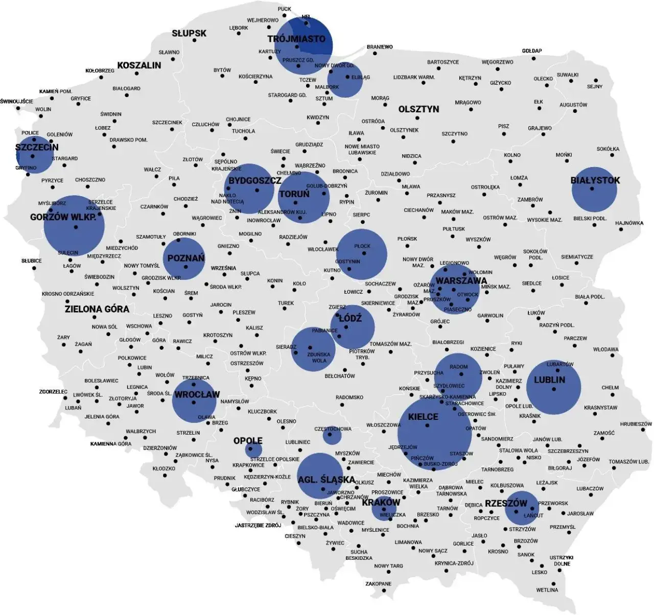 Mapa Polski z zaznaczonymi miastami i częstotliwościami radiowymi TOK FM