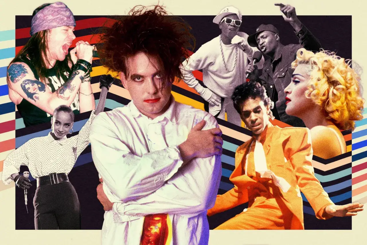 Ikony lat 80 muzyka: Axl Rose, Robert Smith, Sade, Run-DMC, Prince i Madonna.