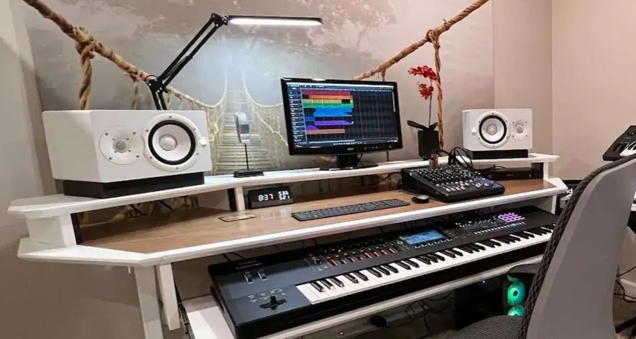 Studio z klawiaturą, mikserem i monitorem. W tle mural z mostem, tworzący wrażenie przestrzeni, jakbyśmy patrzyli przez okno na świat skytech.