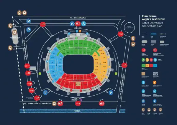 Plan PGE Narodowy: roztanczony tłum znajdzie tu bramy, wejścia i sektory. Kolorowe oznaczenia ułatwiają orientację.